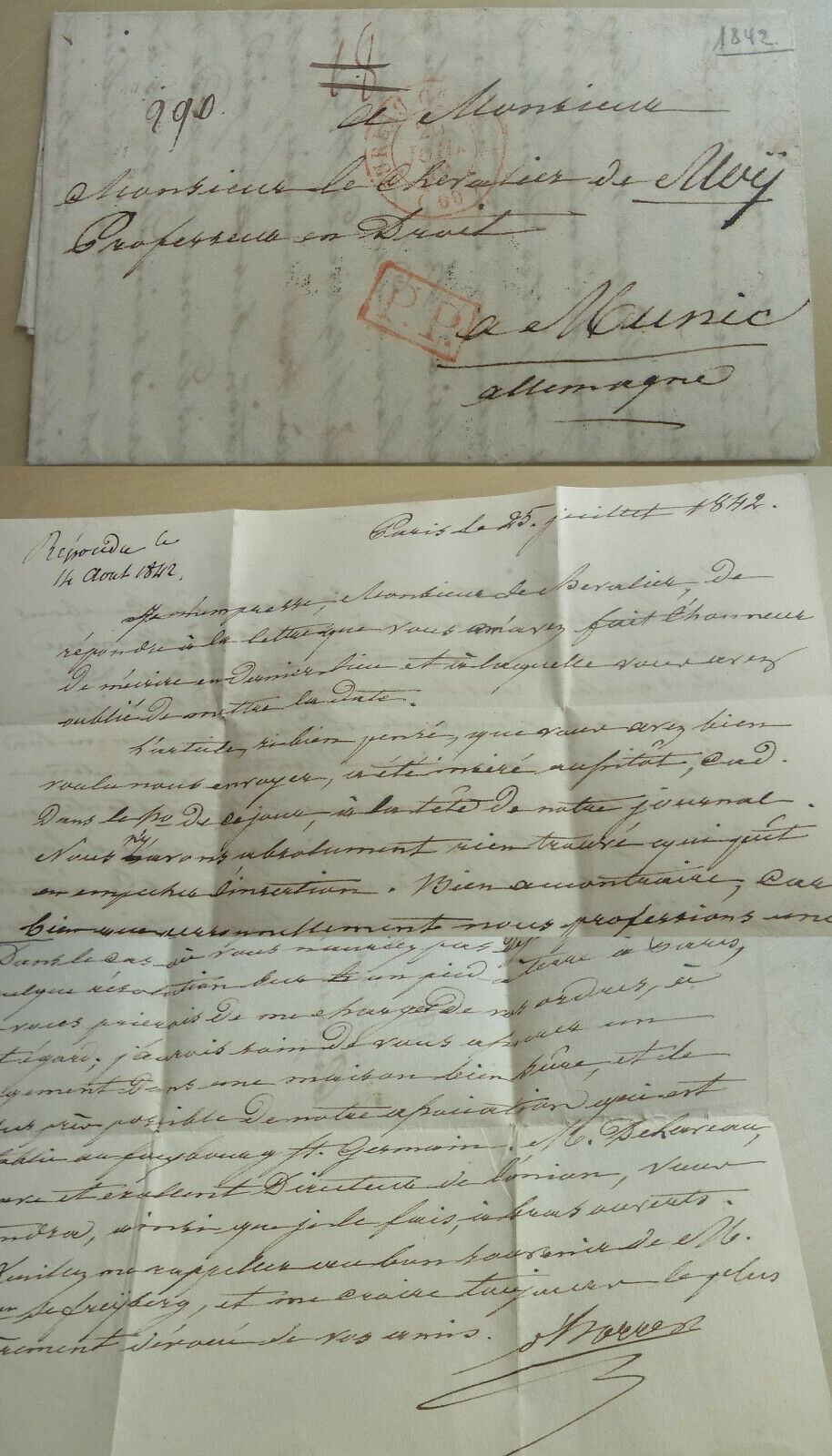 Marie-joseph D'horrer (1775-1849): Brief Paris 1842 An Ernst Von Moy De Sons